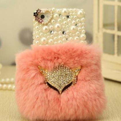 Pink Real Rabbit Hair Fur Plush Soft Leather Case..